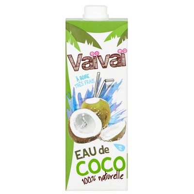 VAIVAI Eau de Coco 100% naturelle sans sucres ajoutés brique de 1 Litre