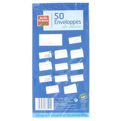Belle France Envelope 110x220 80g x50 Self-Adhesive Pre-creased NF Environment