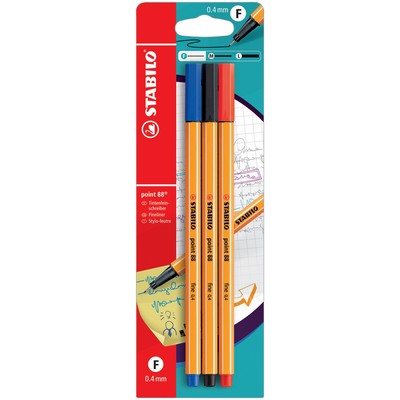 BLX3 STABILO Point 88 Felt Tip Pens Black/Blue/Red