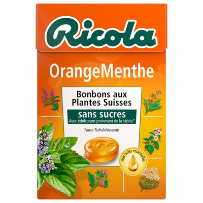 RICOLA PCP sans sucres boîte de 50g Orange Menthe Nouvelle recette