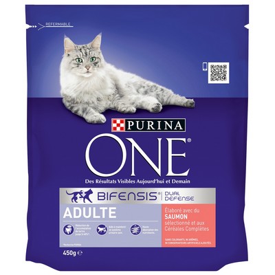 PURINA ONE Chat Adulte au Saumon et Céréales Complètes - 450 g - Croquettes pour chat adulte