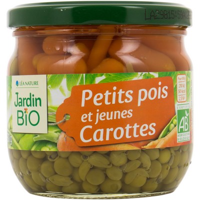 JARDIN BIO / PETITS POIS CAROTTES BIO* / BOCAL VERRE DE 330G