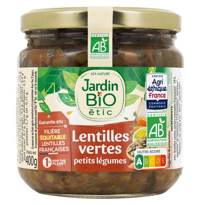 JARDIN BIO / LENTILLES CUISINEES AUX LEGUMES BIO* / 400G / BOCAL VERRE