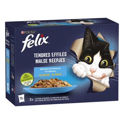 FELIX Tendres Effilés en Gelée - Sélection de Poissons - 12x85g - Sachets fraîcheur pour chat adulte