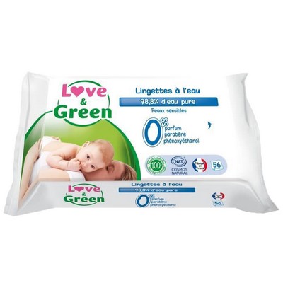 LOVE AND GREEN Lingettes sans parfum à l'eau par 56