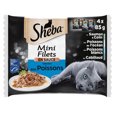 SHEBA Mini Filets Sachets fraîcheur en sauce aux poissons pour chat 4x85g