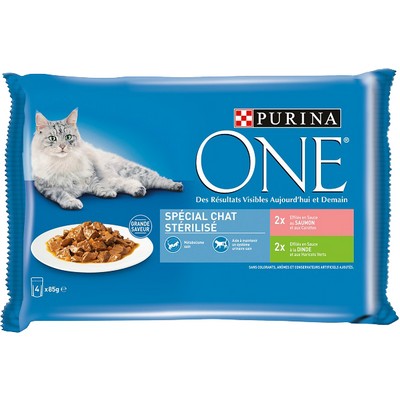 PURINA ONE SChat Stérilisé : au Saumon et à la Dinde - 4x85 g - Sachets fraîcheur pour chats adultes