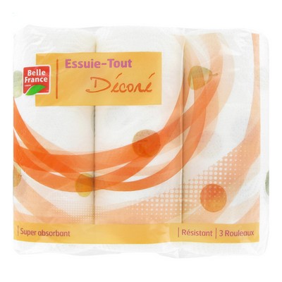 Essuie-tout ménager 3 Rouleaux 2 plis Blanc Décoré Belle France 3 x 45 Feuilles 100% Pure ouate de cellulose