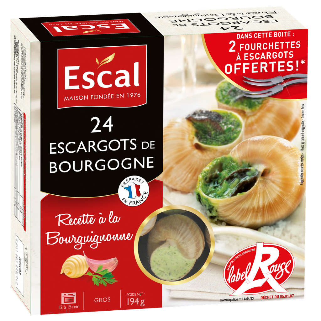 Escal, 24 Escargots de Bourgogne Helix Pomatia Label Rouge préparés à la Bourguignonne + 2 fourchettes offertes, 194g, surgelés