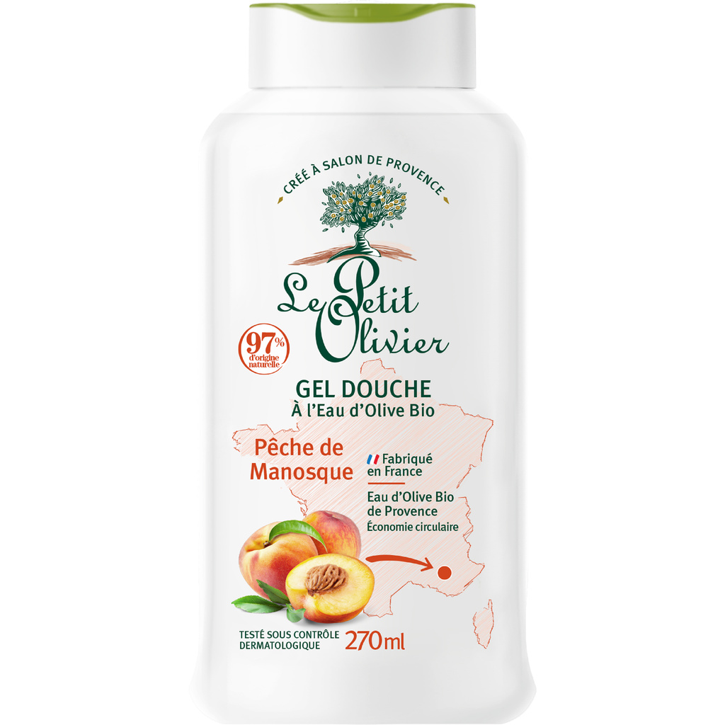 Le Petit Olivier Gel Douche Hydratant à l'Eau d'Olive BIO - Pêche de Manosque - 270 ml
