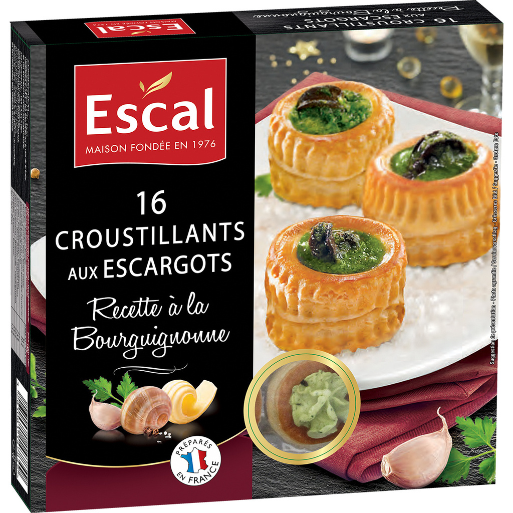 ESCAL, 16 Mini feuilletés aux escargots, recette à la bourguignonne, surgelés