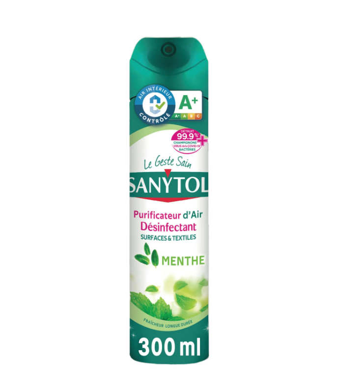 Purificateur d'Air Désinfectant Surfaces et Textiles Menthe 300ml SANYTOL