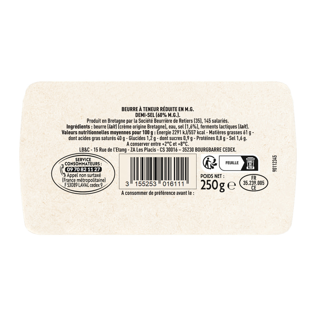 BRIDEL Beurre moulé à teneur réduite en matière grasse demi-sel (60% de M.G.) 250g