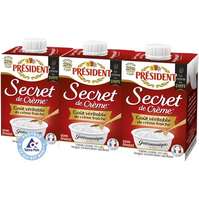 PRESIDENT SECRET DE CREME SEMI-EPAISSE 25% MG STERILISEE UHT BRIQUE 3X20CL