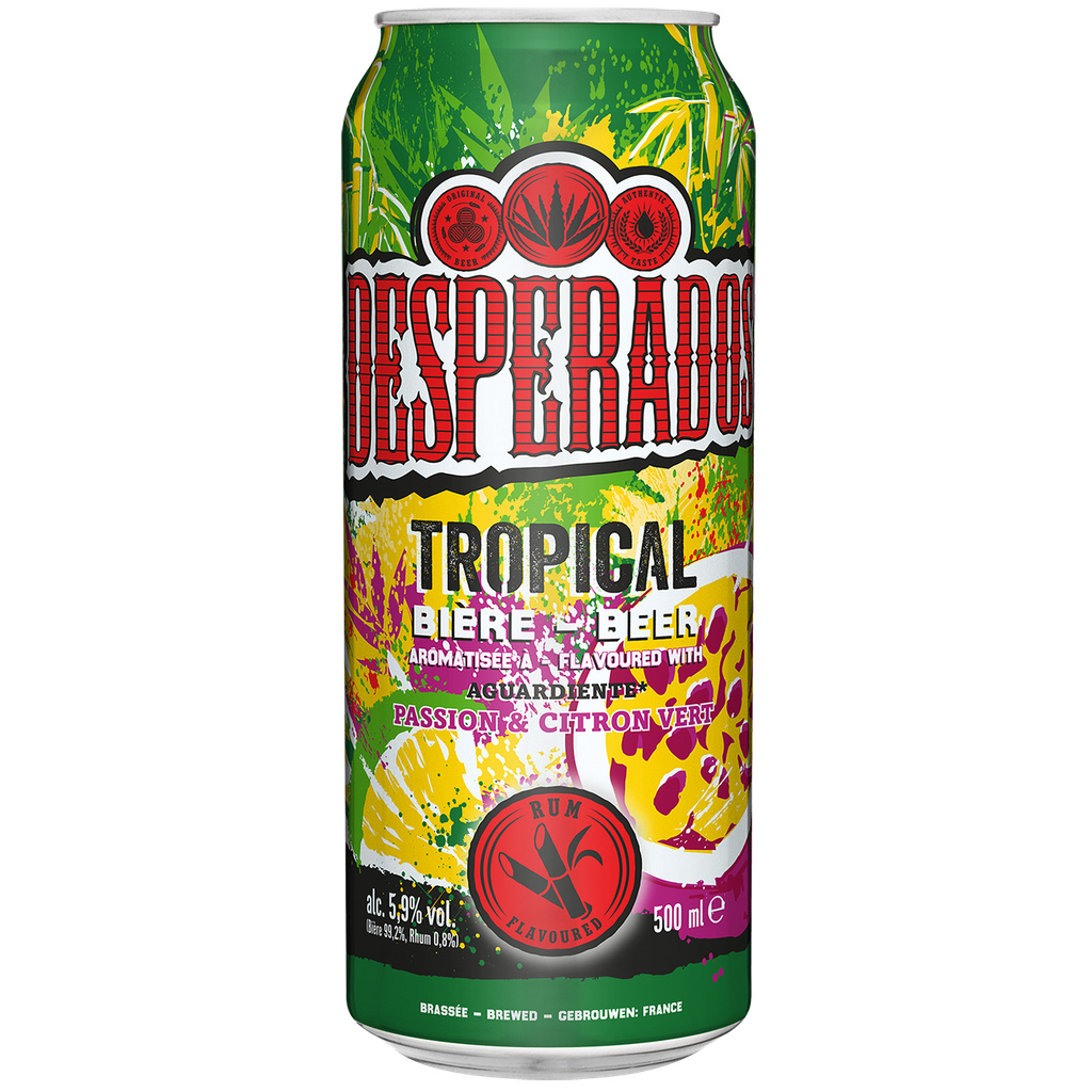 Desperados Tropical - Bière aromatisée au spiritueux Rhum, Fruit de la passion, Citron vert - 50 cl - 5,9°
