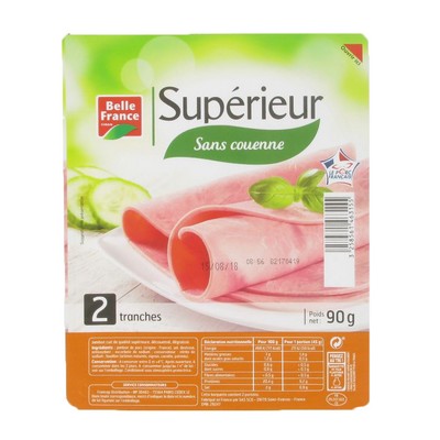 Premium Cooked Ham Without Rind Belle France 2 Slices Tray 90g