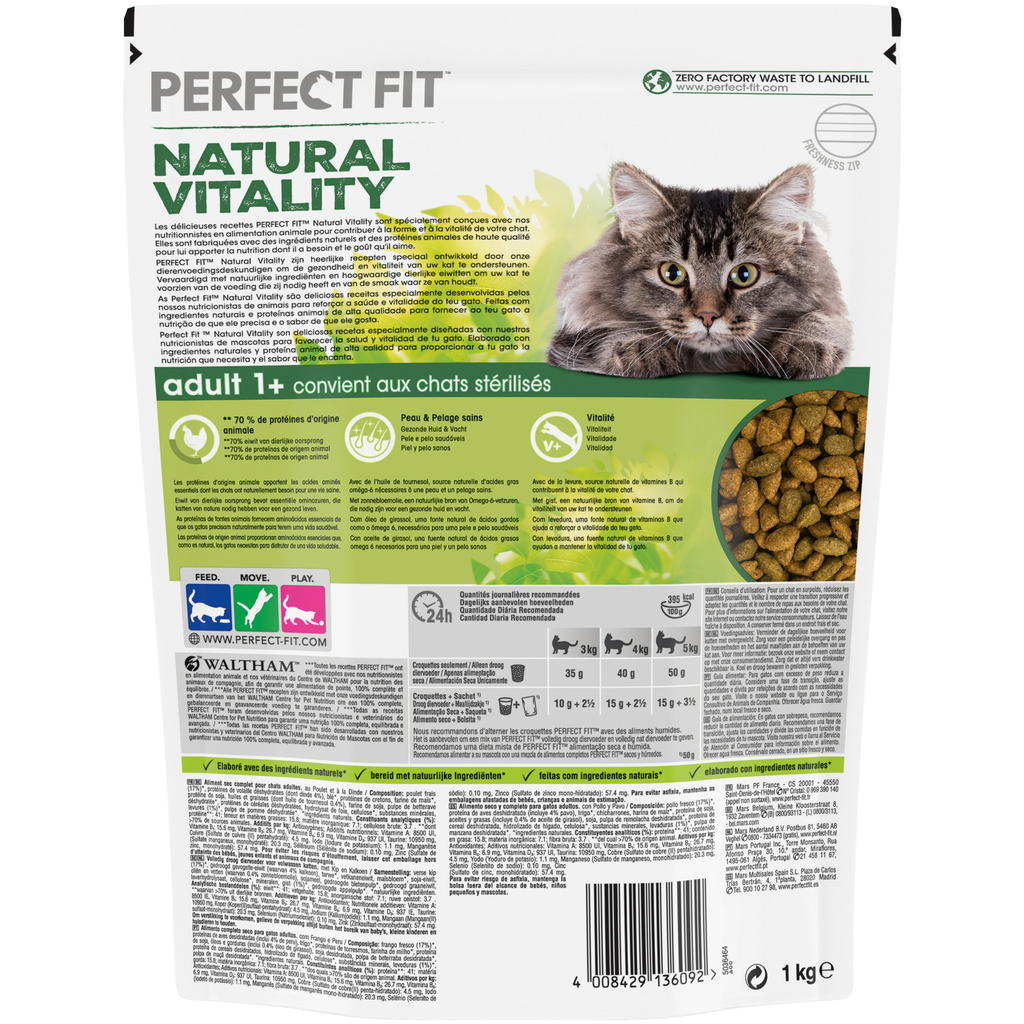 PERFECT FIT Natural Vitality Chicken & Turkey Kibble for Adult Cats 1kg
