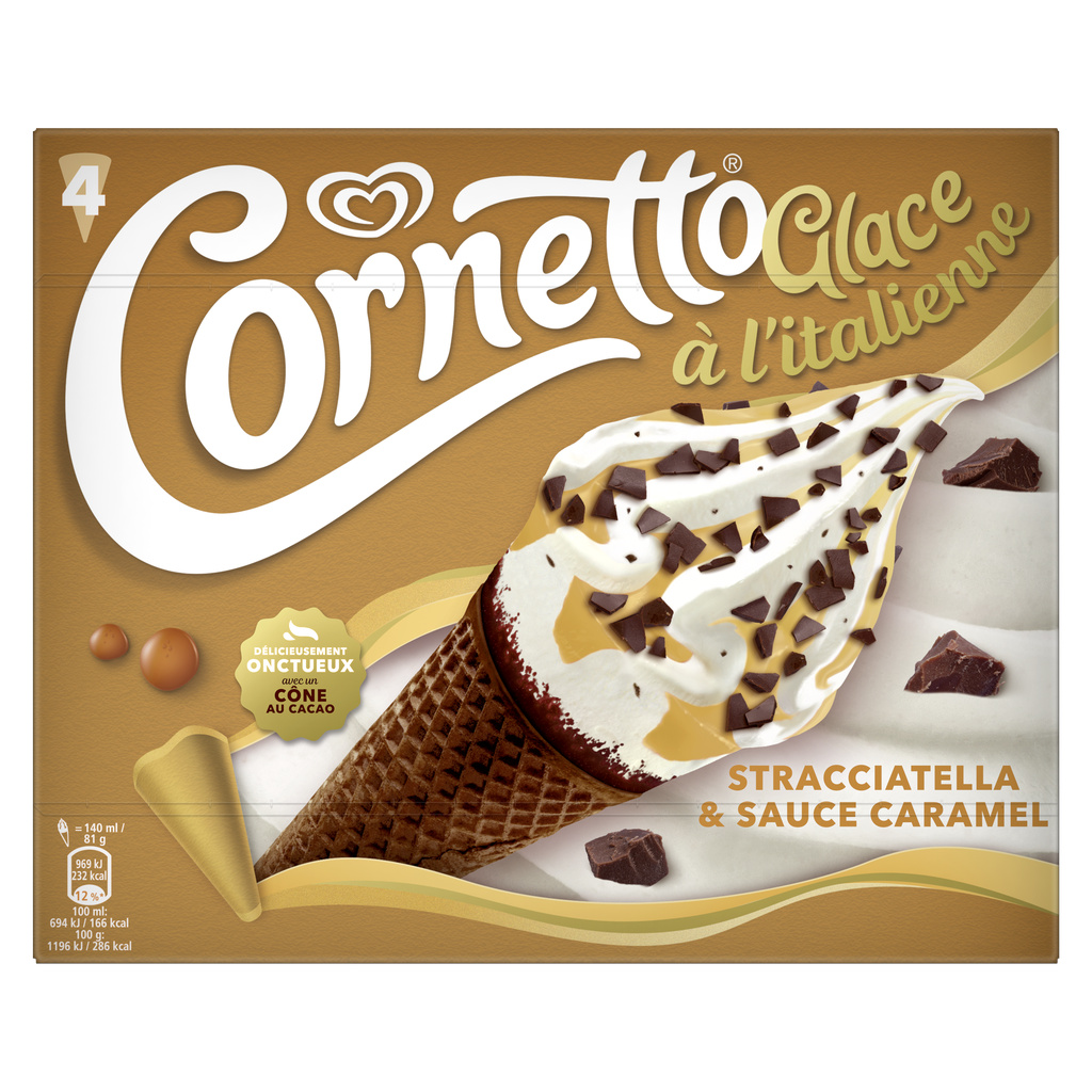 Cornetto Italian Style Ice Cream Stracciatella & Caramel Sauce 4x140ml