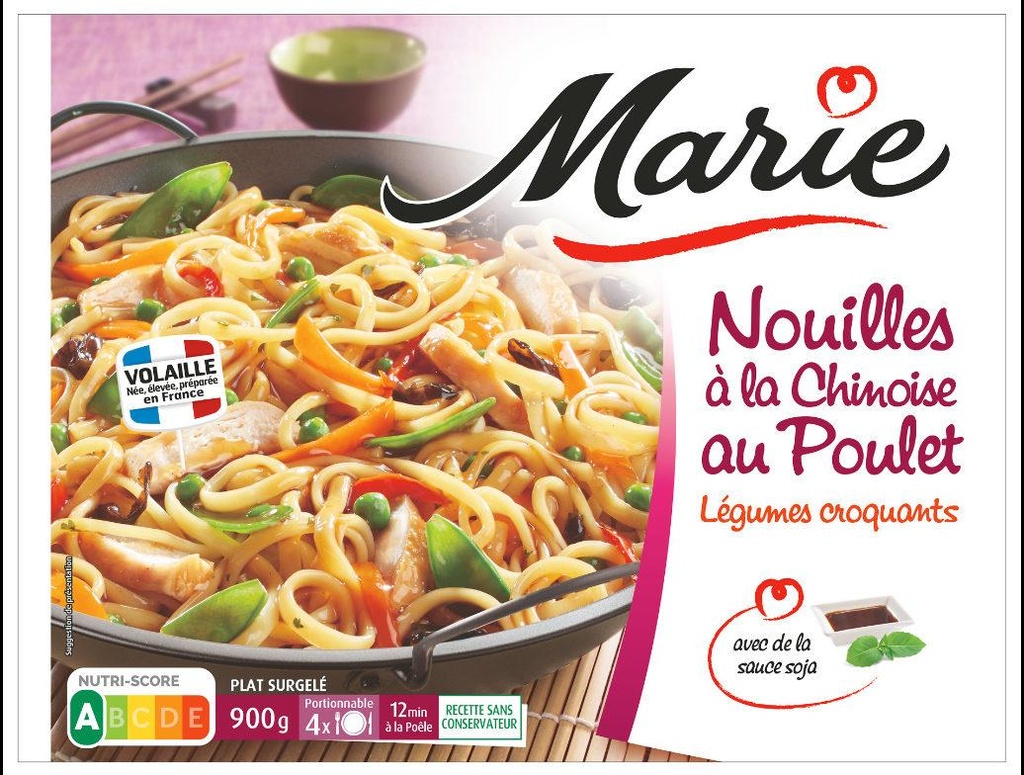 NOUILLES A LA CHINOISE AU POULET - LEGUMES CROQUANTS SAUCE SOJA ET FEVES 900G MARIE