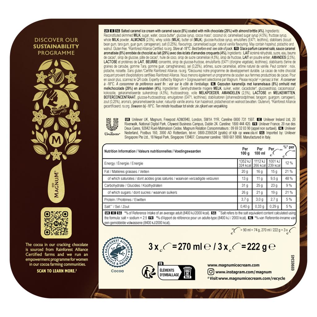 Magnum Glace Bâtonnet Caramel Salé & Amandes Caramélisées 3x90ml