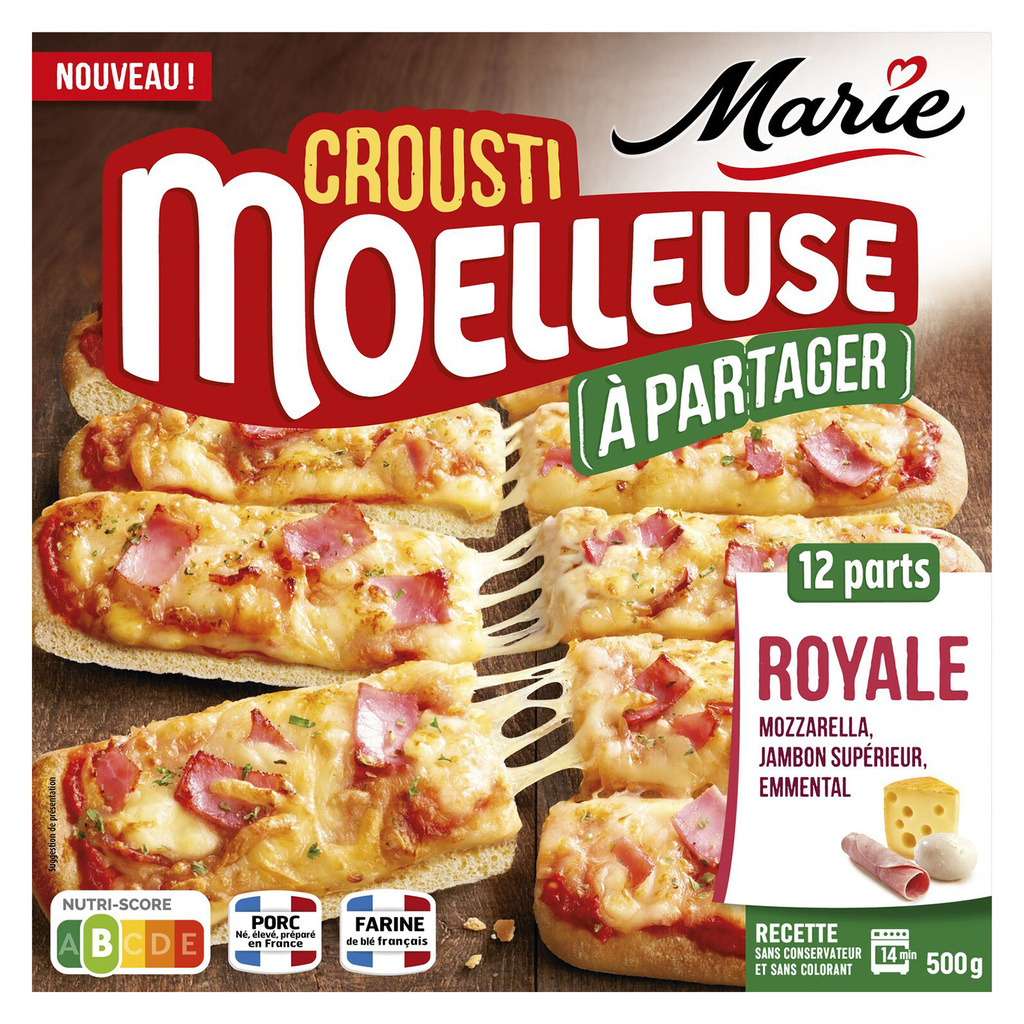 Pizza prédécoupée à la mozzarella, jambon supérieur fumé, emmental, édam MARIE 500G