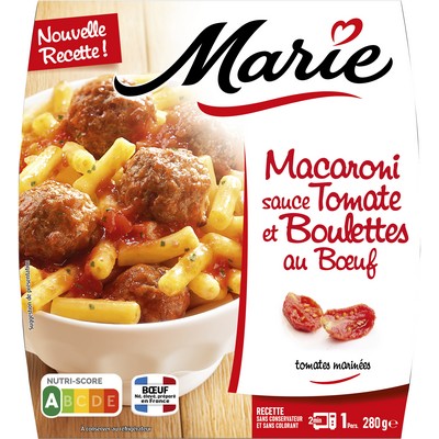 Macaroni boulettes au bœuf sauce tomate, tomates marinées et basilic 280g MARIE
