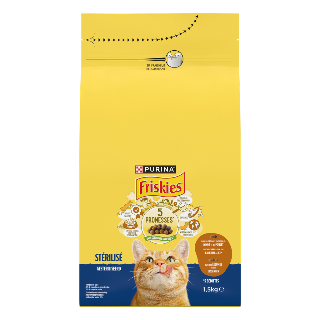 FRISKIES Pour Chats Stérilisés À la Dinde et aux Légumes - 1.5 KG - Croquettes pour chat adulte