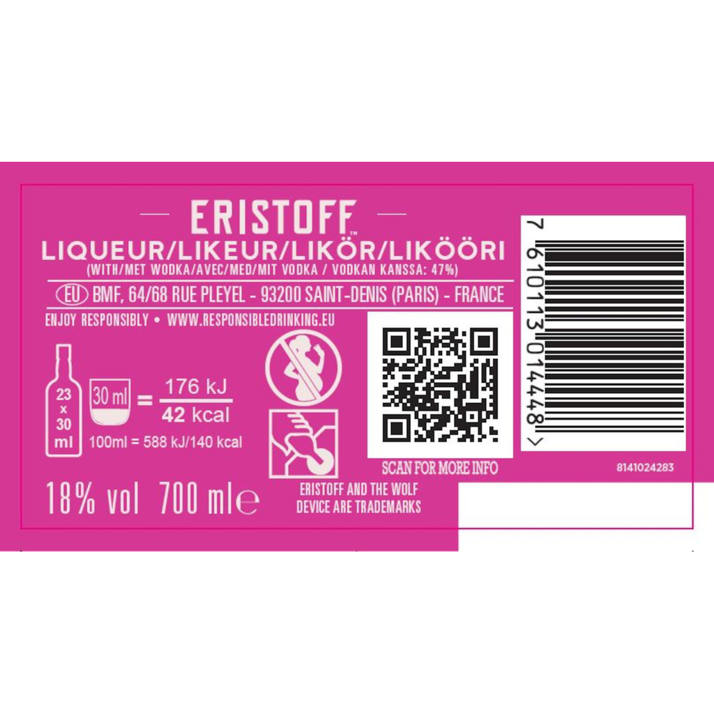Vodka ERISTOFF Pink aux arômes de fraises 70cl - 18°