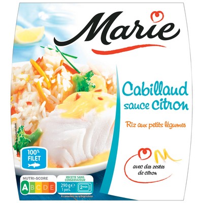 Cabillaud sauce citron, Riz aux petits légumes, crème fraîche et zestes de citron 290g MARIE 						
