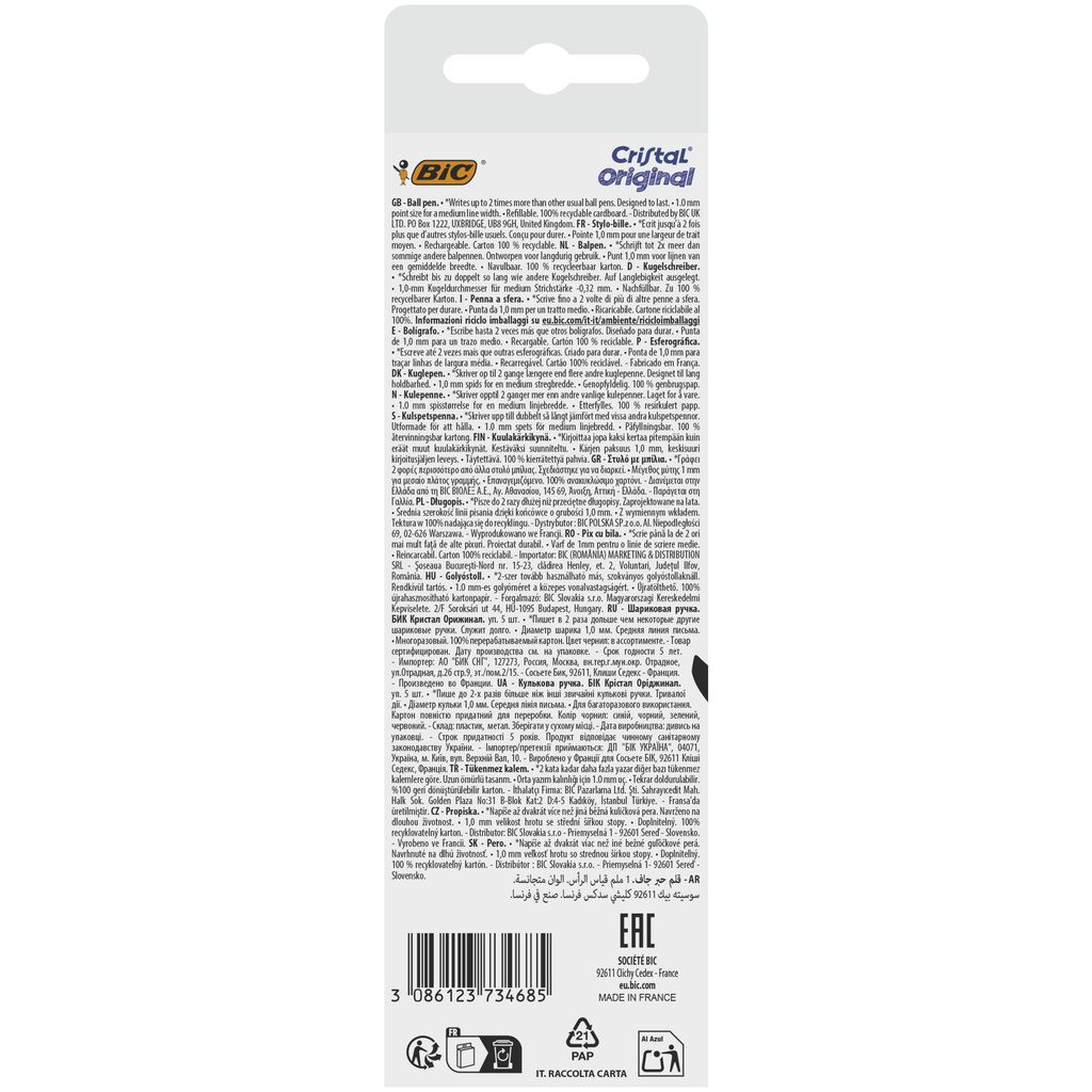 BIC Cristal Original Stylos-Bille Pointe Moyenne (1,00 mm) avec Capuchons et Embouts Assortis - Couleurs d’Encre Assorties, Lot de 5
