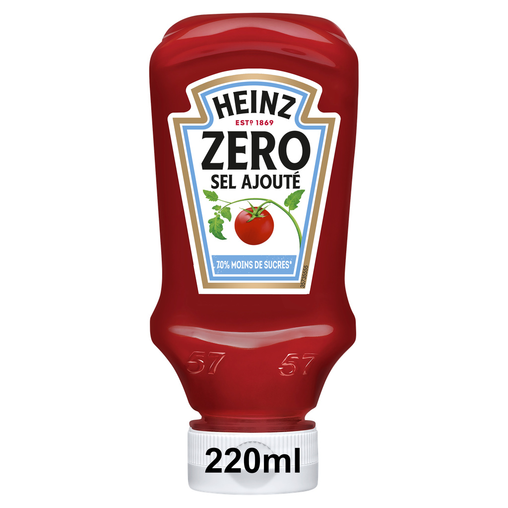 Heinz Ketchup 230g zéro sel ajouté 70% moins de sucres flacon souple top down 220ml
