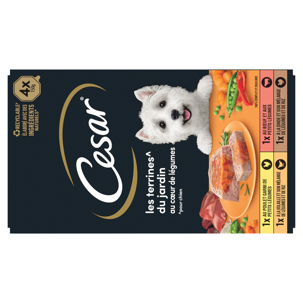 CESAR Barquettes LES TERRINES DU JARDIN coeur de légumes pour chien adulte 4x150g
