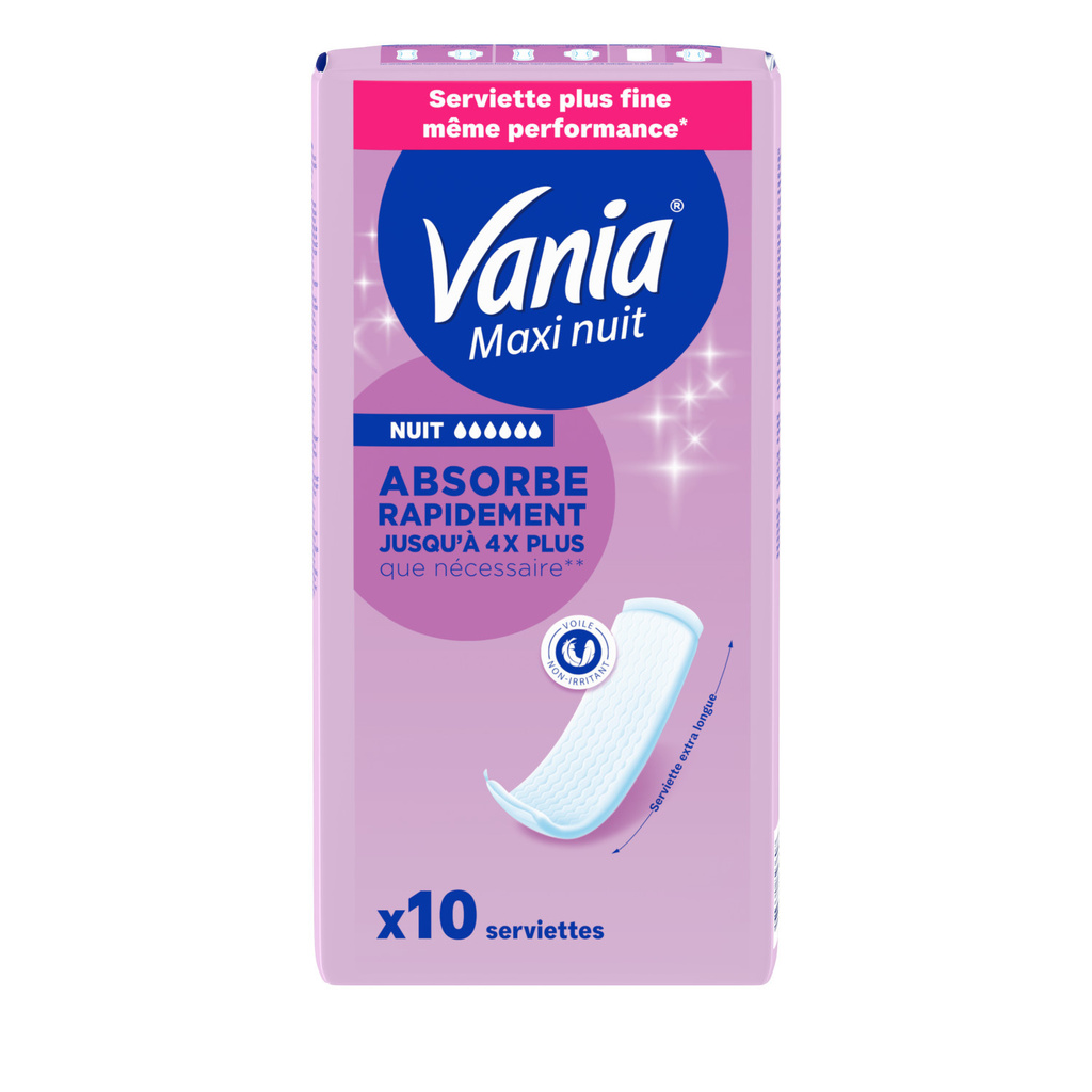 VANIA Serviettes Hygiéniques Maxi Nuit Derma Absorb Sans Parfum x10