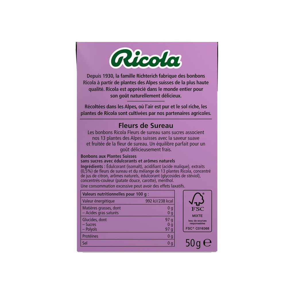 RICOLA Bonbons Sans Sucre Fleurs de Sureau 50g Boîte