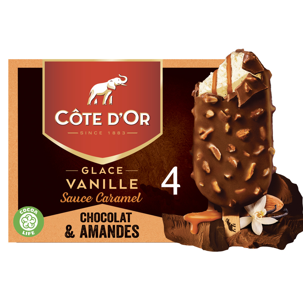 Côte d'Or Glace Vanille Sauce Caramel Enrobage Chocolat au Lait & Amandes x4