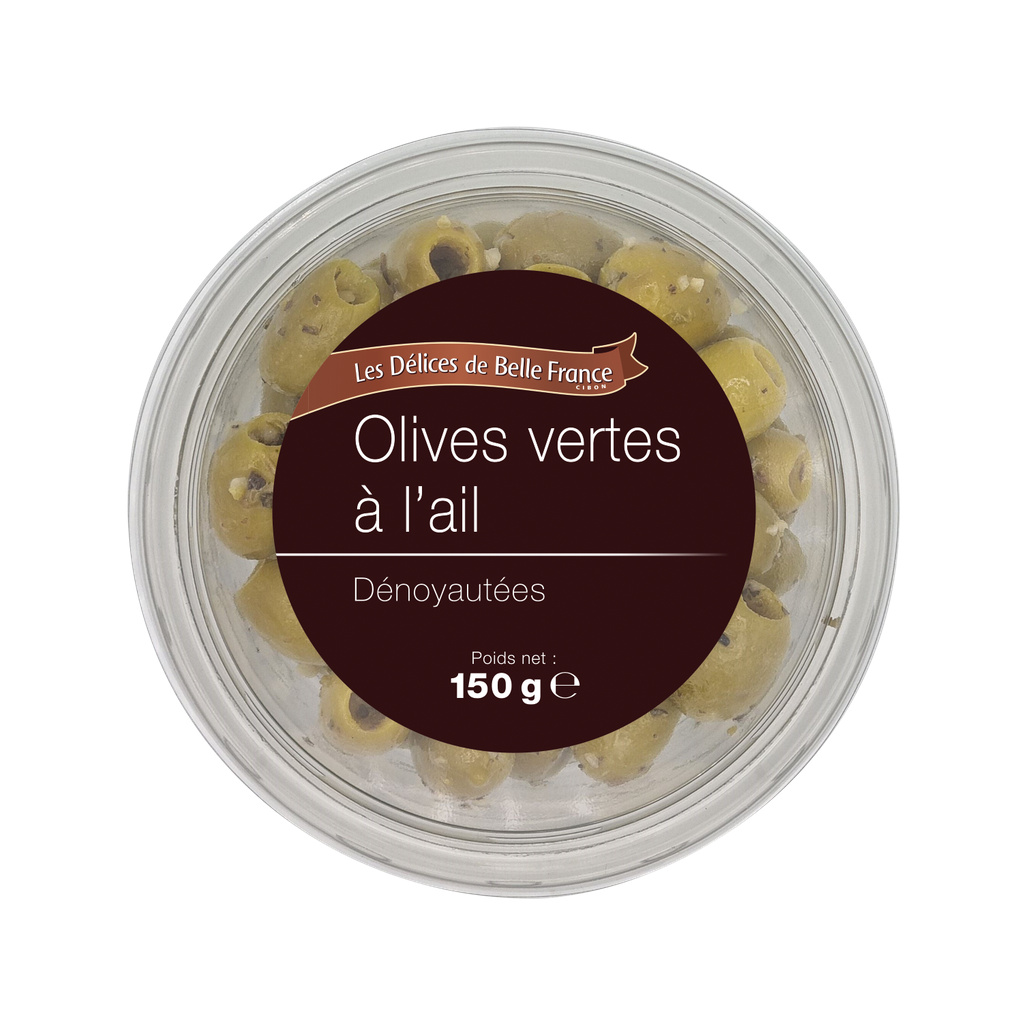 Pitted Green Olives with Garlic DBF Jar 150g