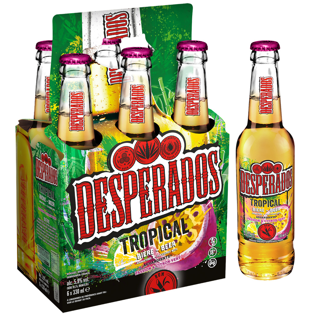 Desperados Tropical - Bière aromatisée au spiritueux de rhum, fruit de la passion, citron vert - 6x33cl - 5.9%