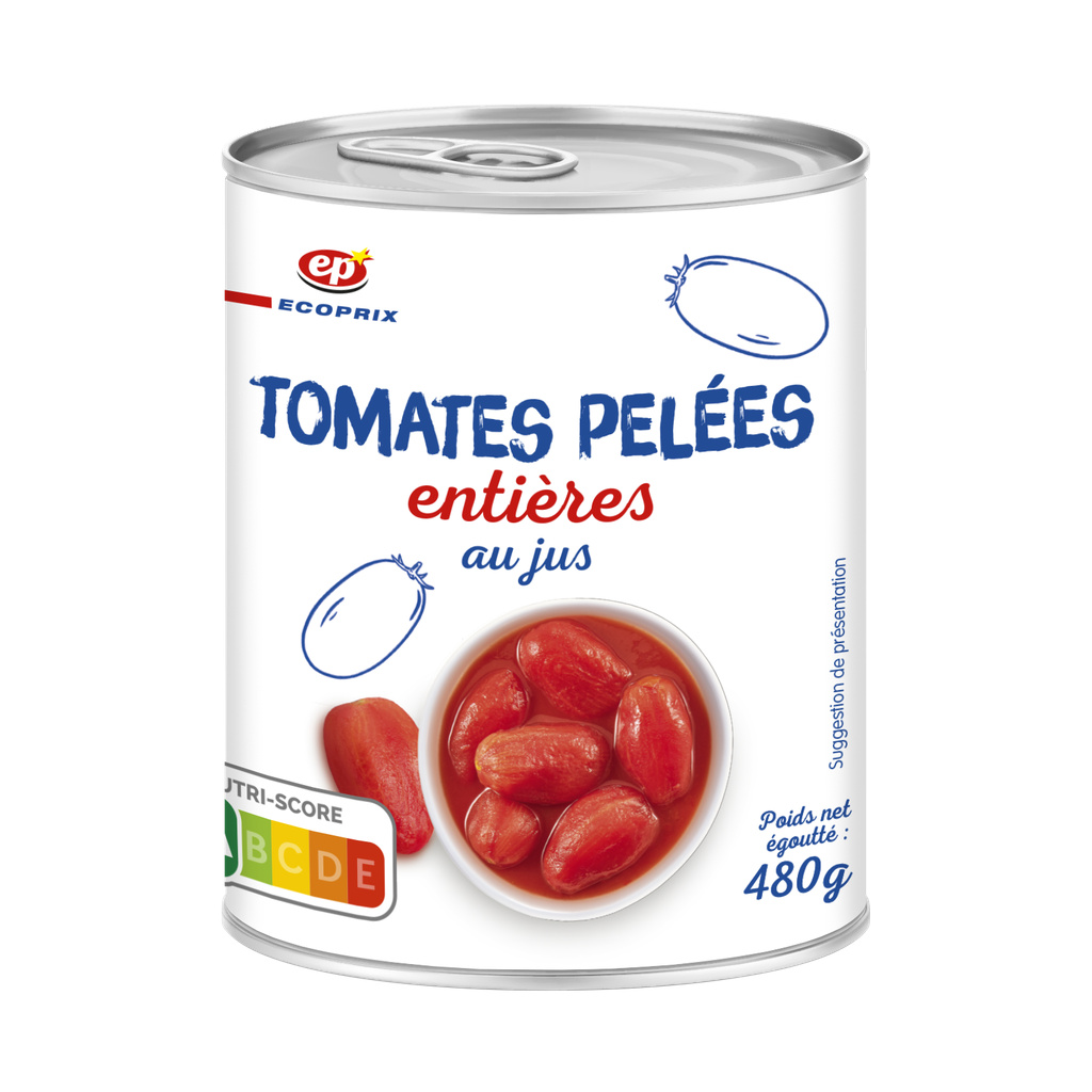 Tomates Pelées Entières en Boîte Égouttées : 480g / Net : 800g