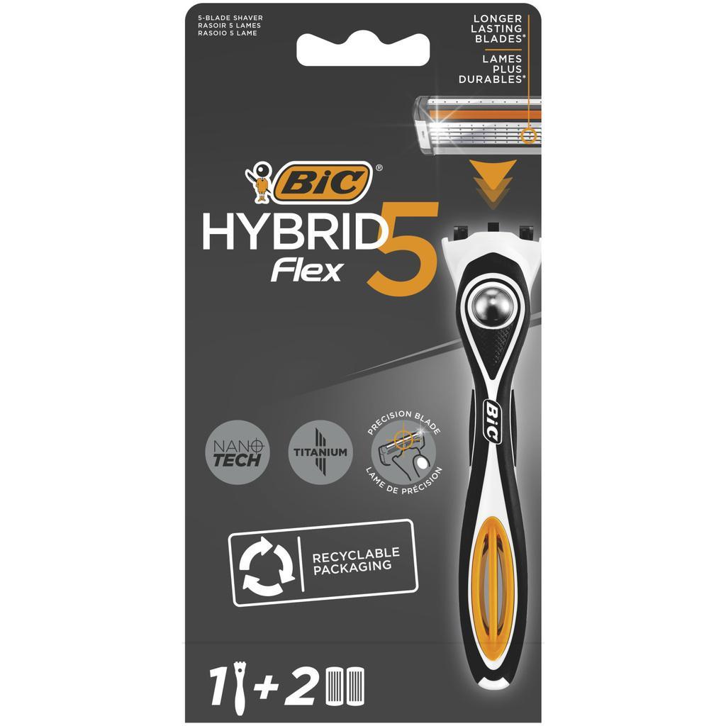 BIC Hybrid 5 Flex. Refillable Razor for Men. Handle and 5 Nanotech Titanium-Coated Blades Refills - Pack of 1+2