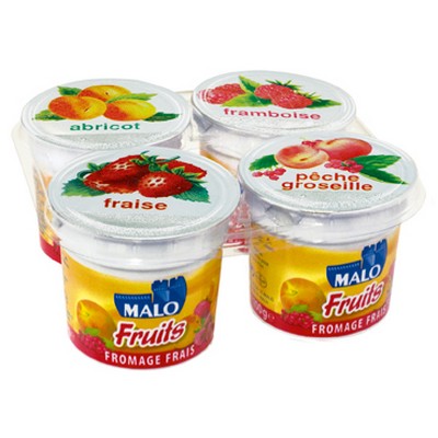 Fromage frais 7% de matières grasses sur produit fini, sucré aux fruits (abricot ou fraise ou framboise ou pêche-groseille) aromatisés