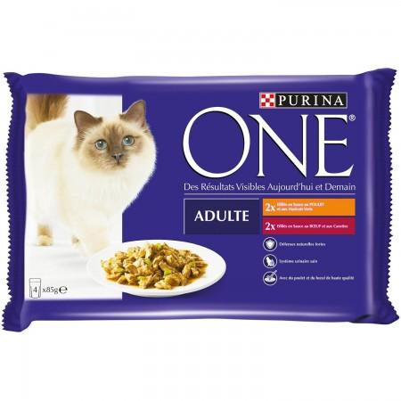 PURINA ONE Chat Adulte Poulet, Bœuf - 4 x 85 g - Sachets fraîcheur pour chats adultes