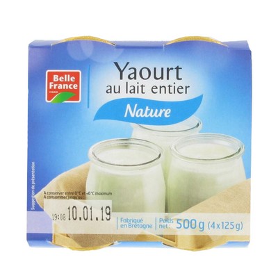 YAOURT LAIT ENTIER NATURE POT VERRE BF 4 X 125 G