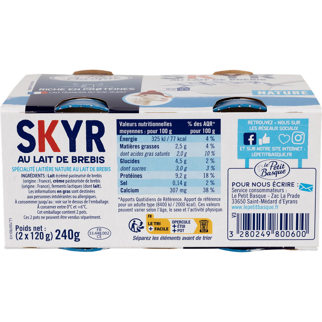 SKYR AU LAIT DE BREBIS NATURE 2X120G LE PETIT BASQUE