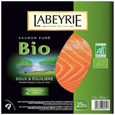 SAUMON ATLANTIQUE BIO FUME AU BOIS DE HETRE 2 TRANCHES 65 G