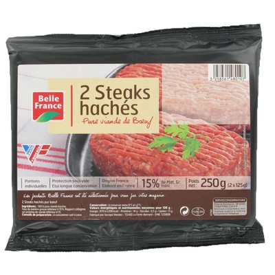 STEAK HACHE PUR BOEUF 15% MG X 2 BF SACHET 250 G