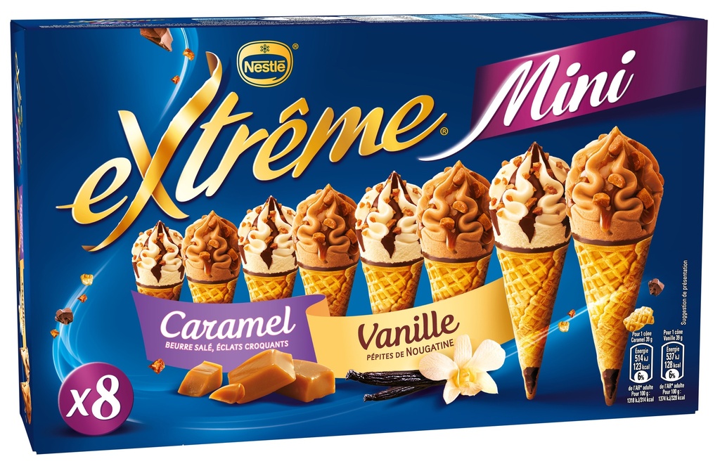 Extrême Mini Caramel beurre salé, éclats croquants + Mini Vanille pépites de Nougatine 8x39g
