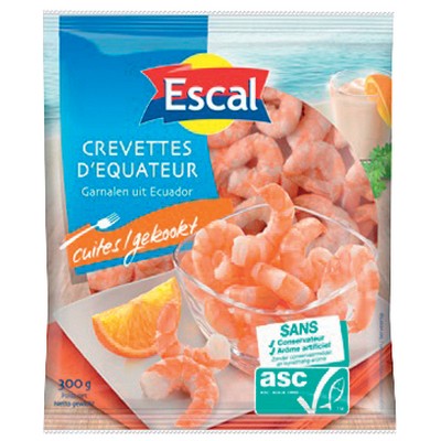 ESCAL, Queues de crevettes ASC, cuites, décortiquées, glacées, surgelées, 300g