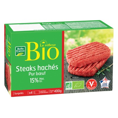 Organic Ground Beef Steak VBF 15% Fat x4 Belle France Box 400g