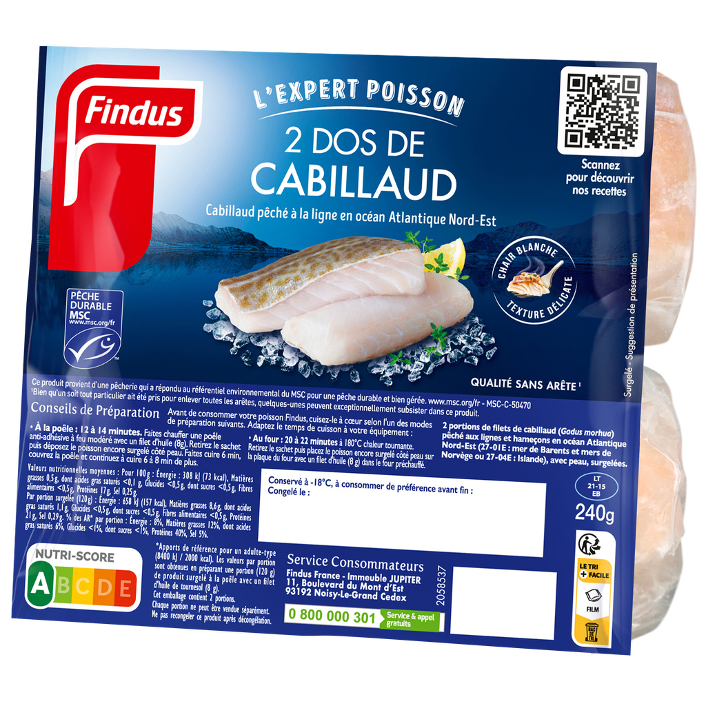 2 Dos de Cabillaud MSC pêché à la ligne 240g