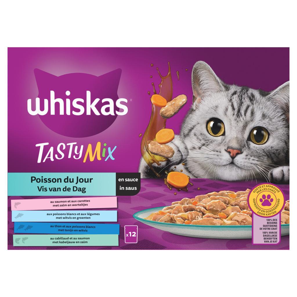 WHISKAS Tasty Mix Sachets fraîcheur Poisson du Jour en sauce pour chat adulte 4 variétés 12x85g